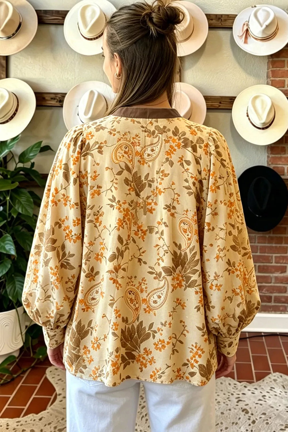 Paisley Print Tie Neck Long Sleeve Top in Tan, model styling view