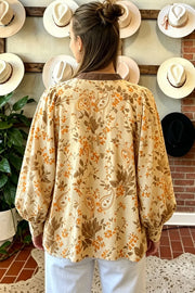 Paisley Print Tie Neck Long Sleeve Top in Tan, model styling view