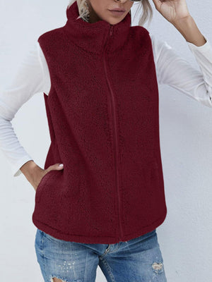 Burgundy teddy fleece stand-collar vest with zip front and pockets
