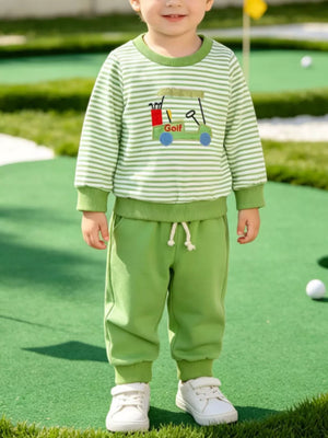 Children's Golf Cart Striped Top And Pants Set in Light Green, front view