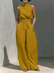 Sleeveless Wide-leg Jumpsuit With Smocked Waist in Apricot, view 16