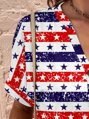 Americana Henley print top with red, white, and blue stars and stripes pattern.
