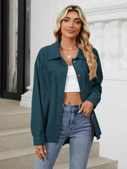 Deep Teal corduroy overshirt with button front and chest pockets.