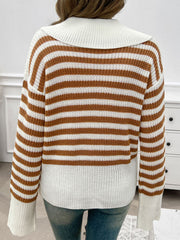 Caramel and white striped knit pullover sweater with wide collar.