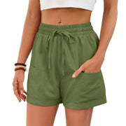 Army green casual shorts with elastic waist, drawstring, and pockets.