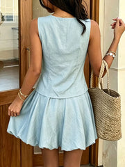 V-neck Buttoned Vest And Ruched Skirt Set