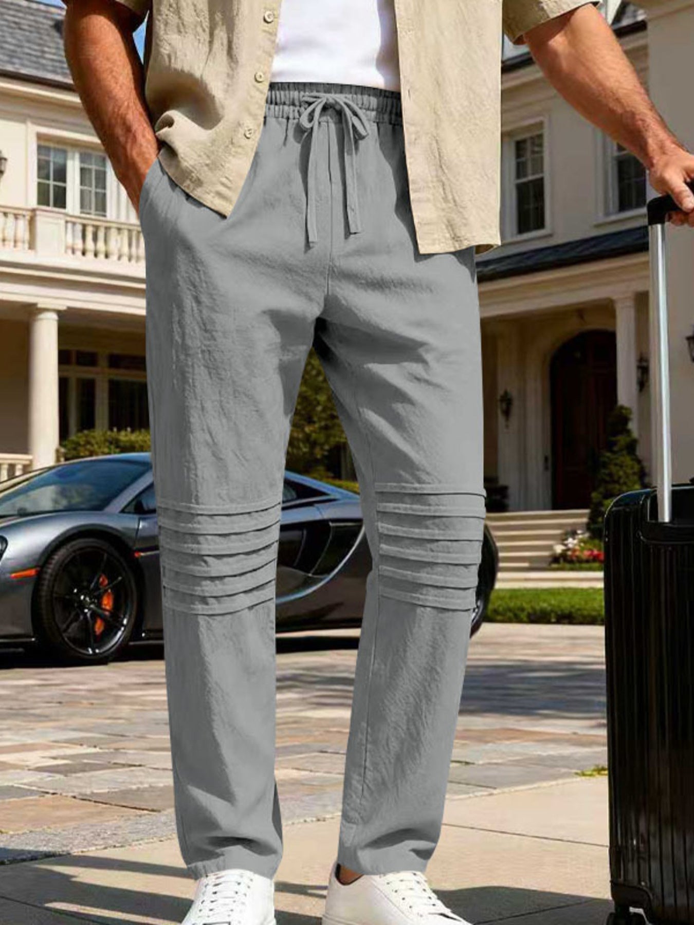 Men's gray linen-blend drawstring sweatpants with pleated knee detail