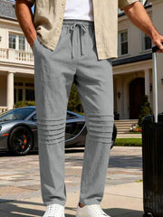 Men's gray linen-blend drawstring sweatpants with pleated knee detail