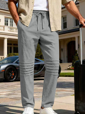 Men's gray linen-blend drawstring sweatpants with pleated knee detail
