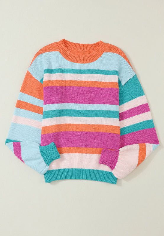 Rainbow stripe knit sweater with balloon sleeves and crew neck.