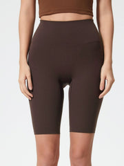Sculpted Contour Active Cycling Shorts in Mocha, high-waisted, mid-thigh length, seamless design.