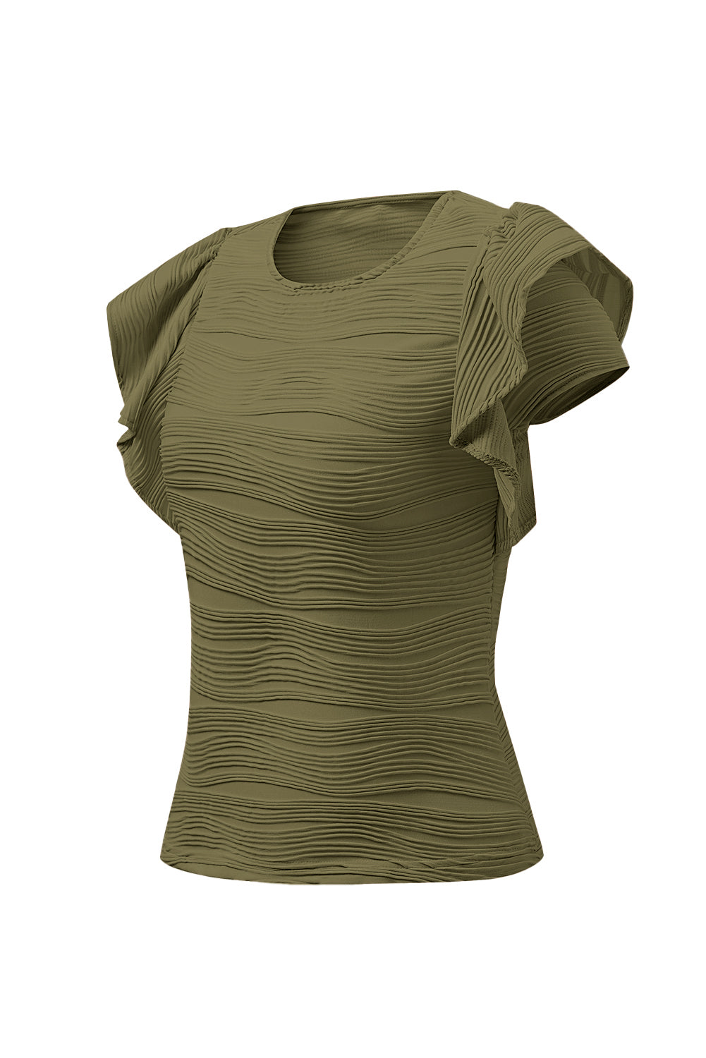 Textured ruffle sleeve bodysuit in Moss with a wavy pattern.