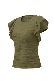 Textured ruffle sleeve bodysuit in Moss with a wavy pattern.