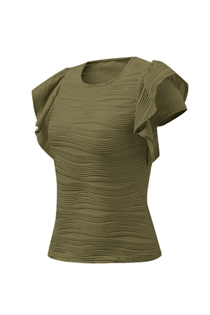 Textured ruffle sleeve bodysuit in Moss with a wavy pattern.