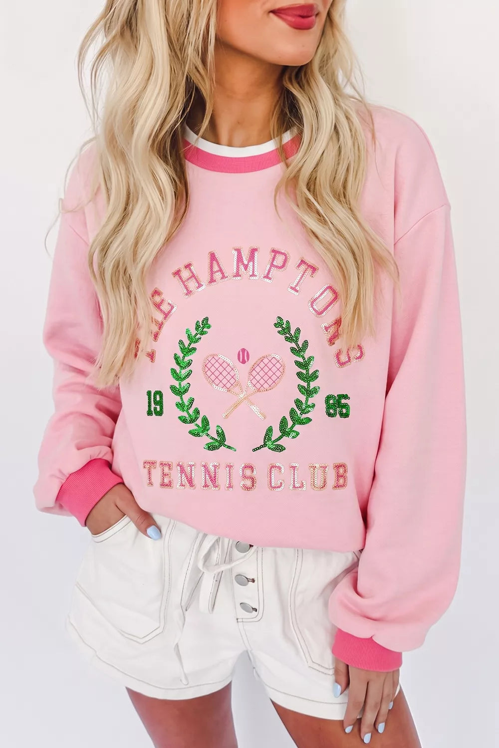 Embroidered Tennis Club Crew Neck Pullover Sweatshirt in Blush Pink, front view