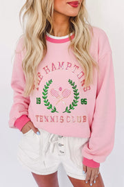 Embroidered Tennis Club Crew Neck Pullover Sweatshirt in Blush Pink, front view