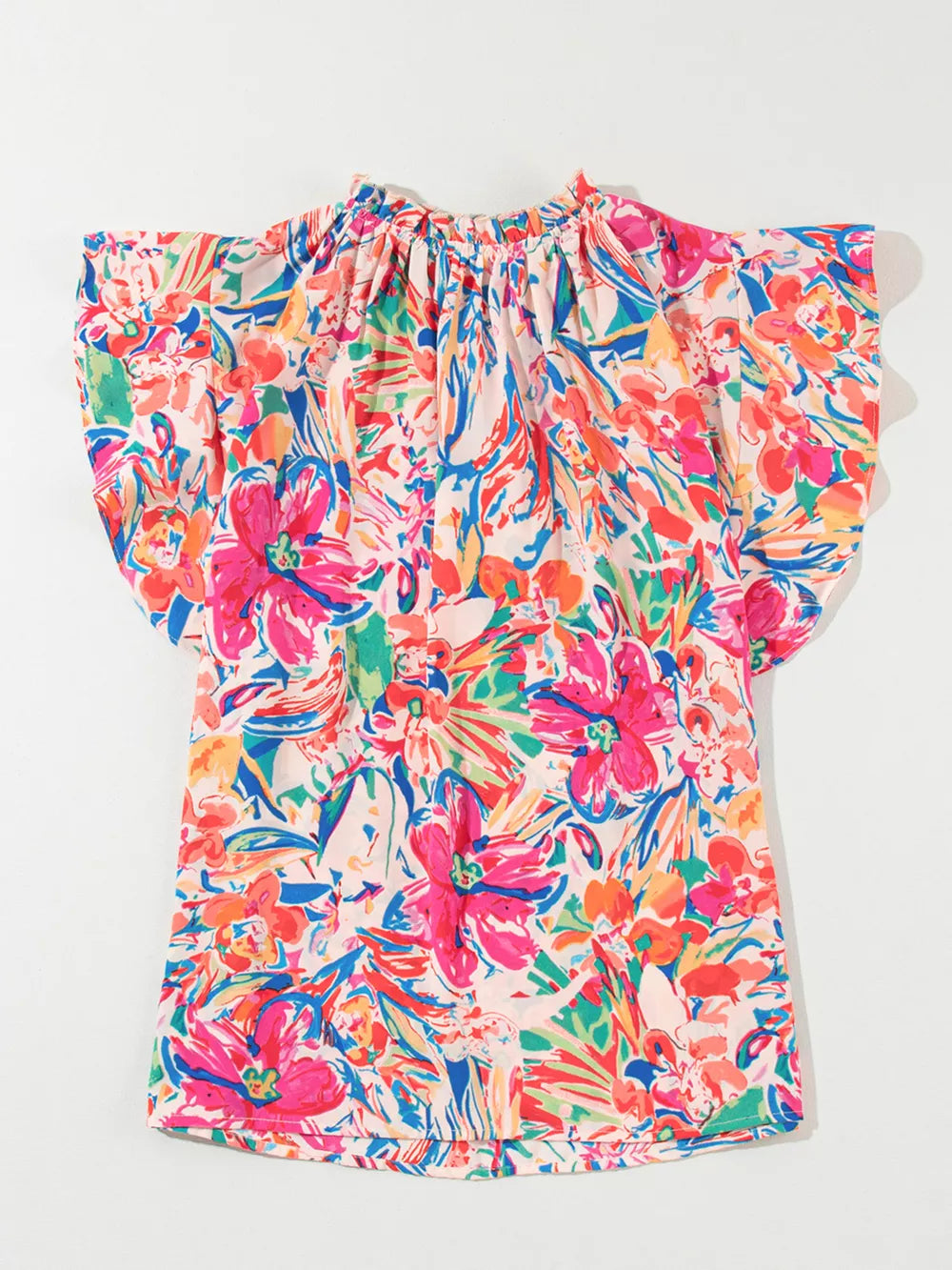 Multicolour Floral Ruffled Sleeve V Neck Blouse in Blush Pink, side view
