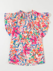 Multicolour Floral Ruffled Sleeve V Neck Blouse in Blush Pink, side view
