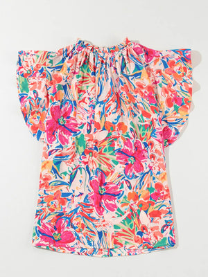 Multicolour Floral Ruffled Sleeve V Neck Blouse in Blush Pink, side view