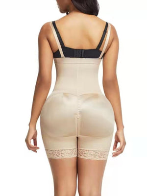 Apricot shaping romper with lace trim and buttock enhancement detail.