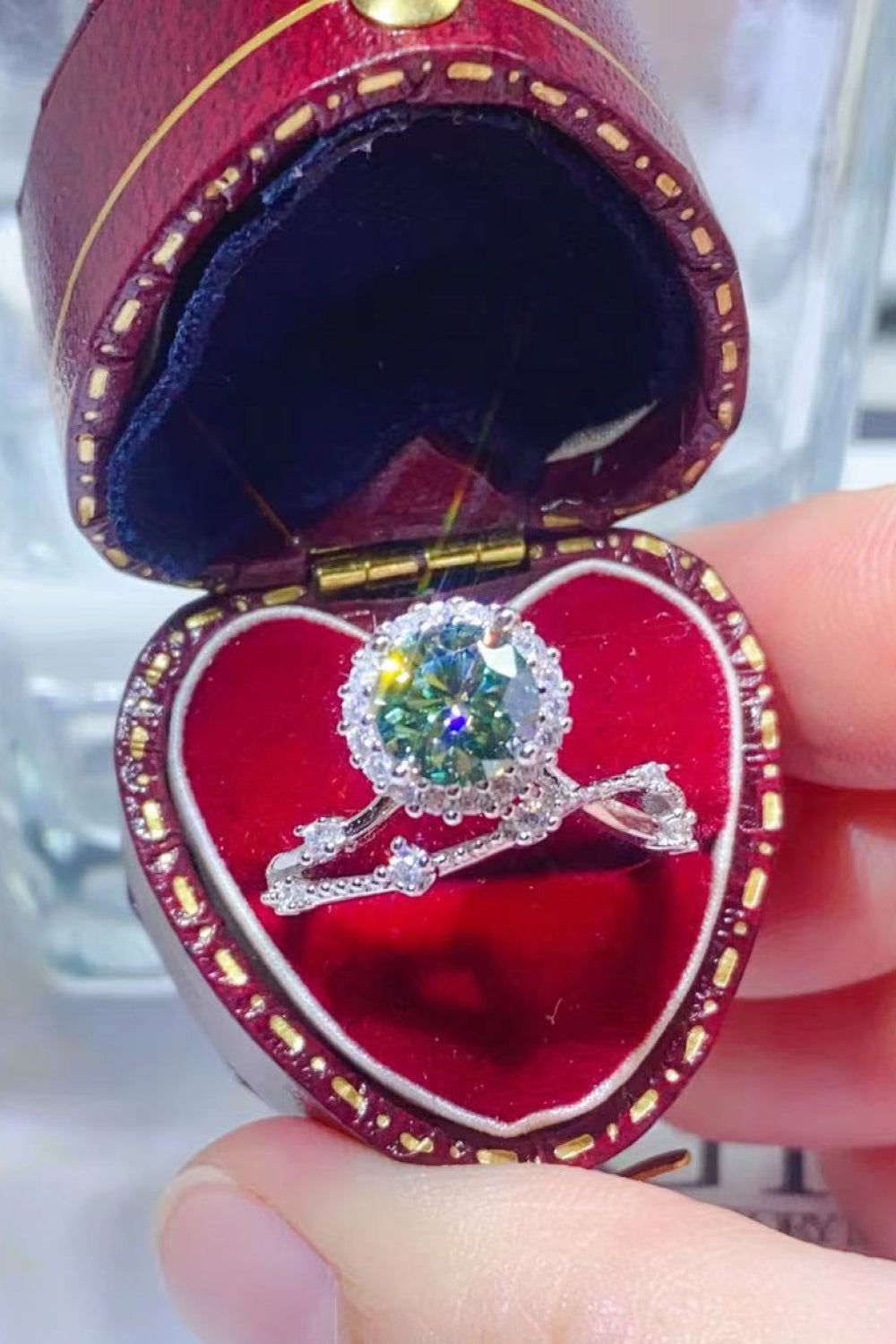 Celestial Halo Diamond Duo Ring in light green with a diamond halo and band.