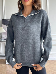 Charcoal acrylic zip-up knit sweater with contrast collar and long sleeves.