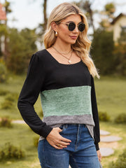 Square neck colorblock blouson top in black, gum leaf, and gray with puff sleeves.