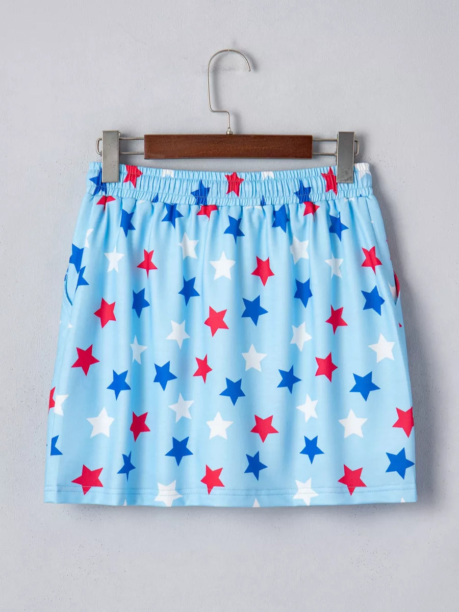 Light blue star print skort with pockets and drawstring waist