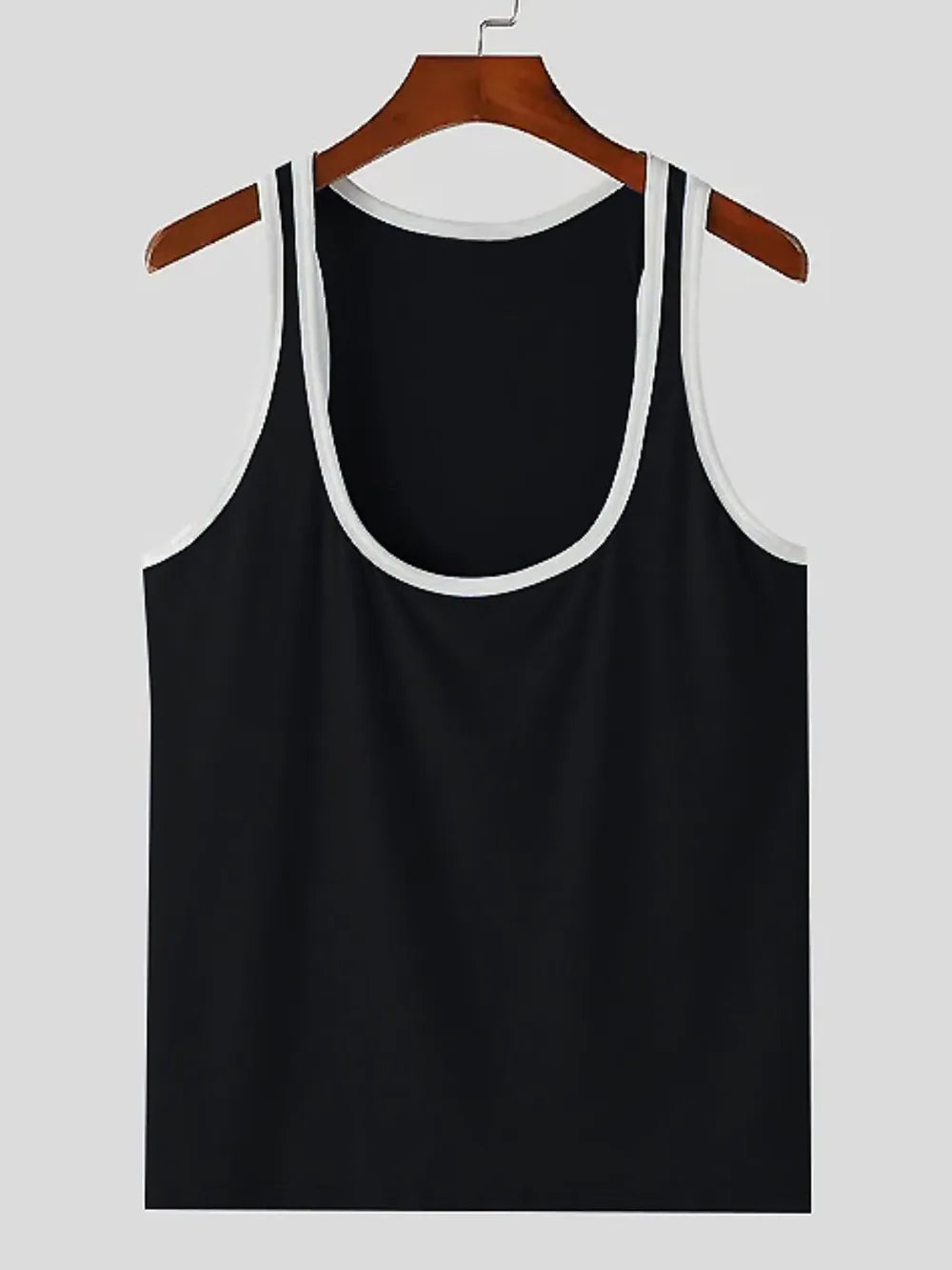 Black scoop neck tank top with white contrast trim.