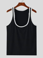 Black scoop neck tank top with white contrast trim.