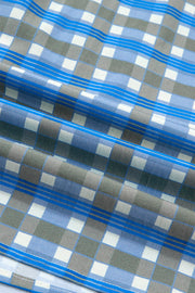 Blue plaid button-down shirt with frilled detail and striped accents