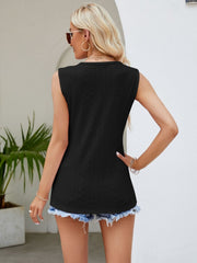 Black scalloped eyelet tank top with center lace detail, made of 100% polyester.