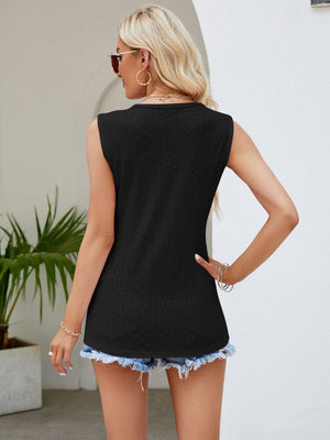 Black scalloped eyelet tank top with center lace detail, made of 100% polyester.