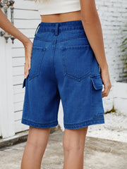 Utility denim bermuda shorts in light blue with cargo pockets and a casual cut.