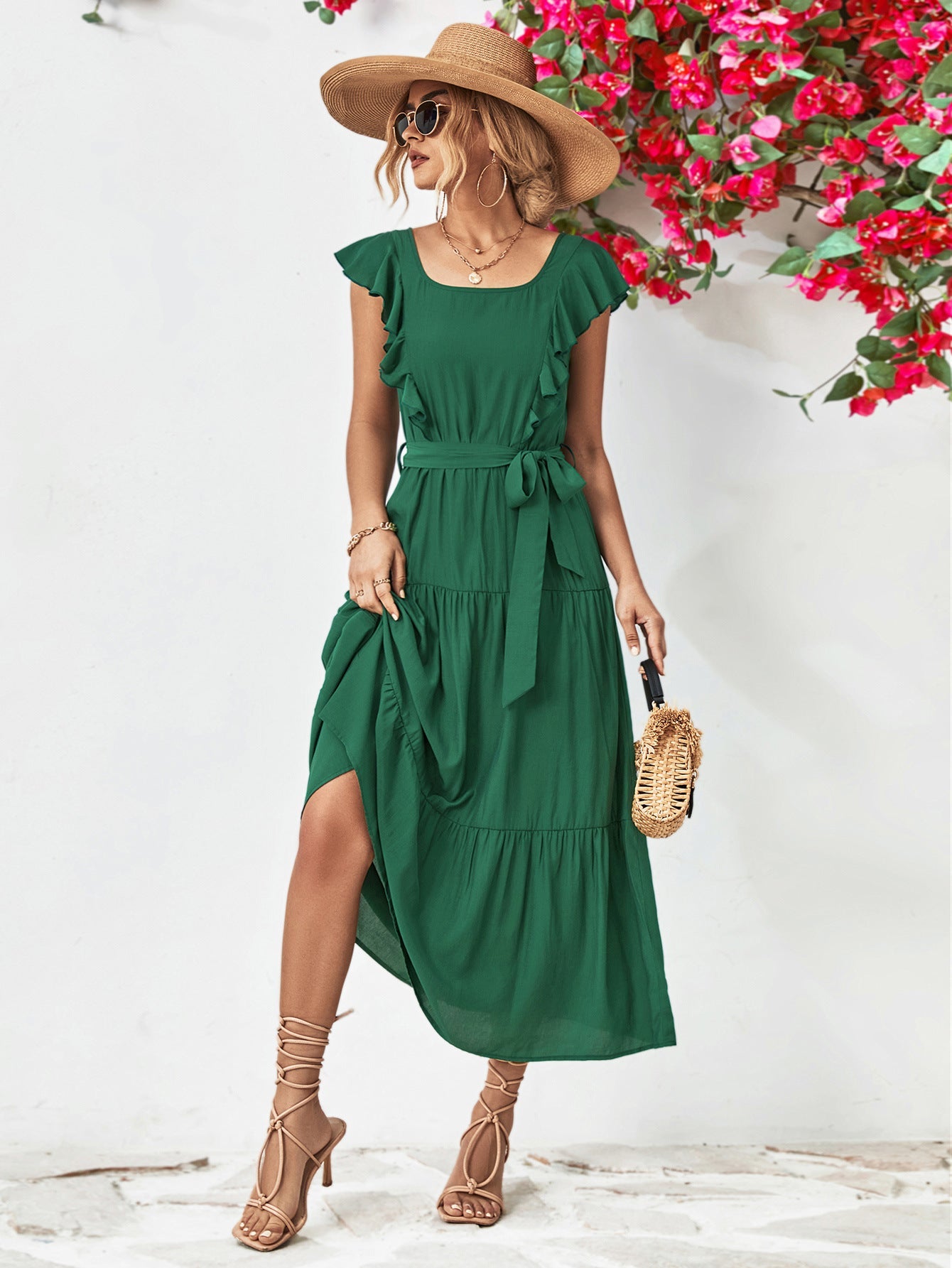 Forest green flutter sleeve tiered midi dress with belt and square neckline
