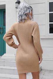 Camel ribbed turtleneck mini dress with long sleeves.