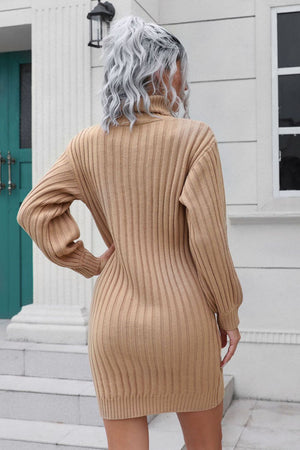 Camel ribbed turtleneck mini dress with long sleeves.