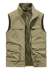 Khaki utility vest with zip front, stand collar, and multiple cargo pockets.
