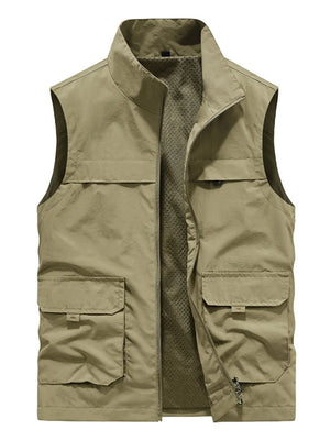 Khaki utility vest with zip front, stand collar, and multiple cargo pockets.