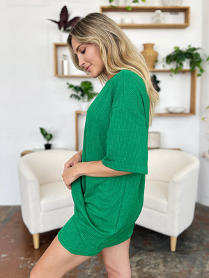 Mid Green textured boxy tee and shorts set with short sleeves and a relaxed fit.