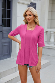 Hot Pink layered knit square neck top with short sleeves and a textured pattern.