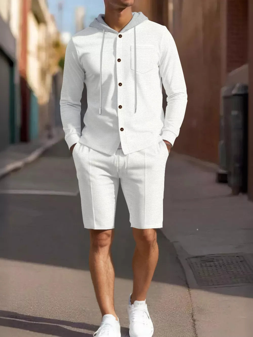 Men's Casual Hooded Button-up Shirt And Shorts Set, front view