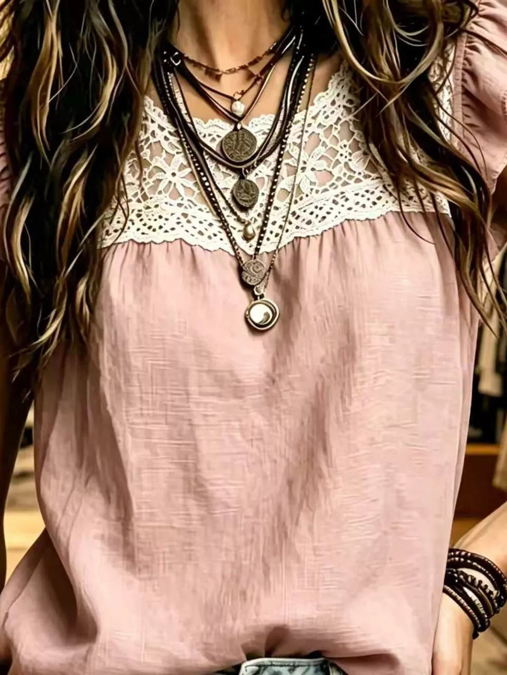 Lace Trim Ruffle Sleeve Blouse Plus Size in Pink, model styling view