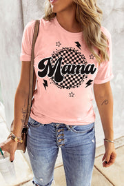Mama graphic tee in blush pink with checkered circle and lightning bolt accents.