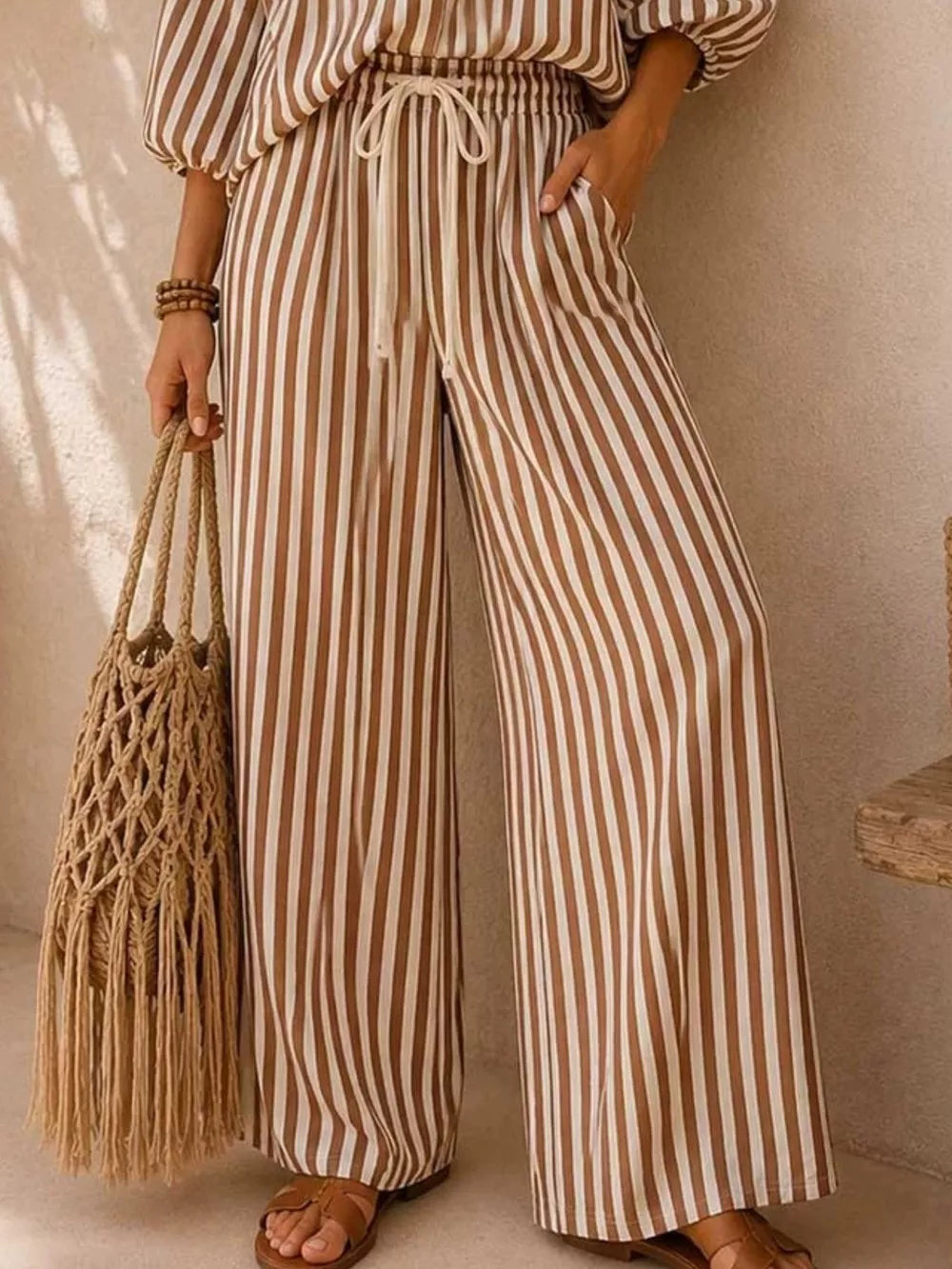 Striped Puff Sleeve Shirt And Wide-leg Pants Set in Khaki, close-up detail