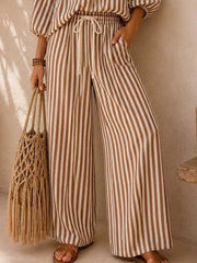 Striped Puff Sleeve Shirt And Wide-leg Pants Set in Khaki, close-up detail