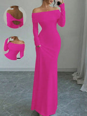Draped off-shoulder maxi dress in Rose Red with long sleeves and a bodycon fit.