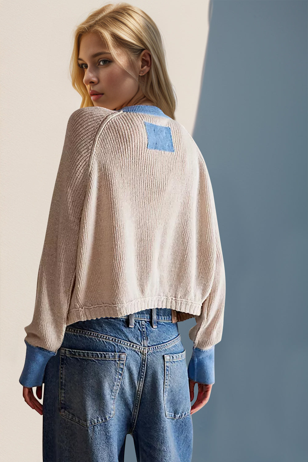 Caramel raglan sleeve cardigan with blue contrast trim and patch detail