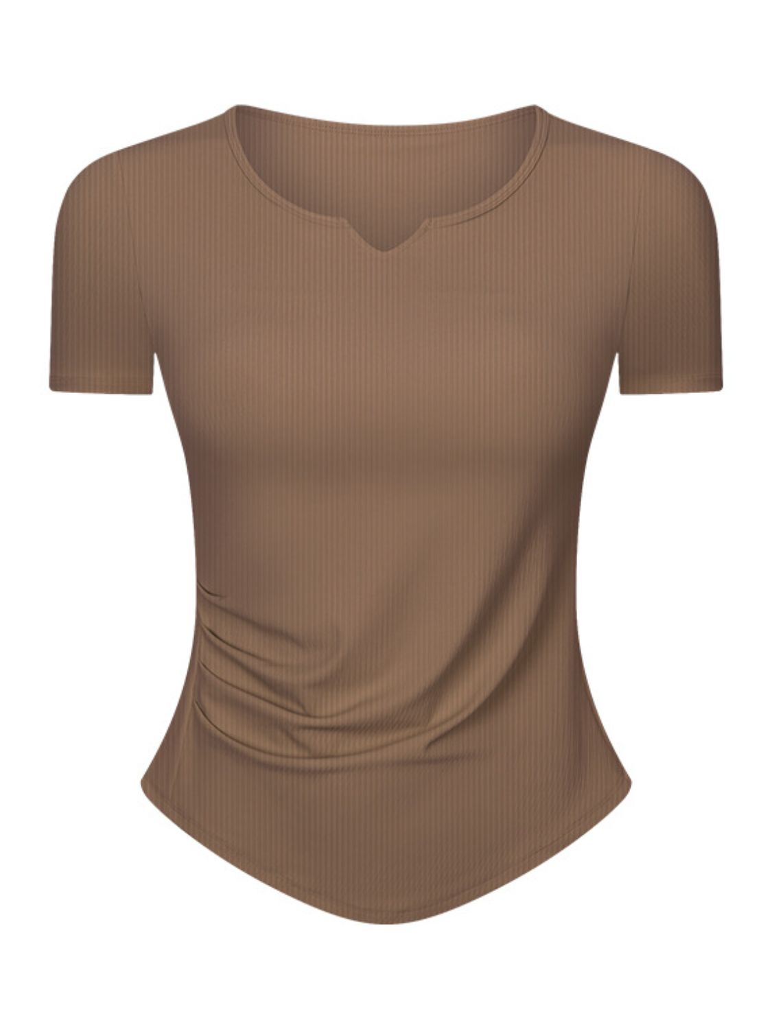 Brown ribbed active top with notch neck and ruched side detail