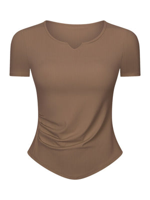 Brown ribbed active top with notch neck and ruched side detail